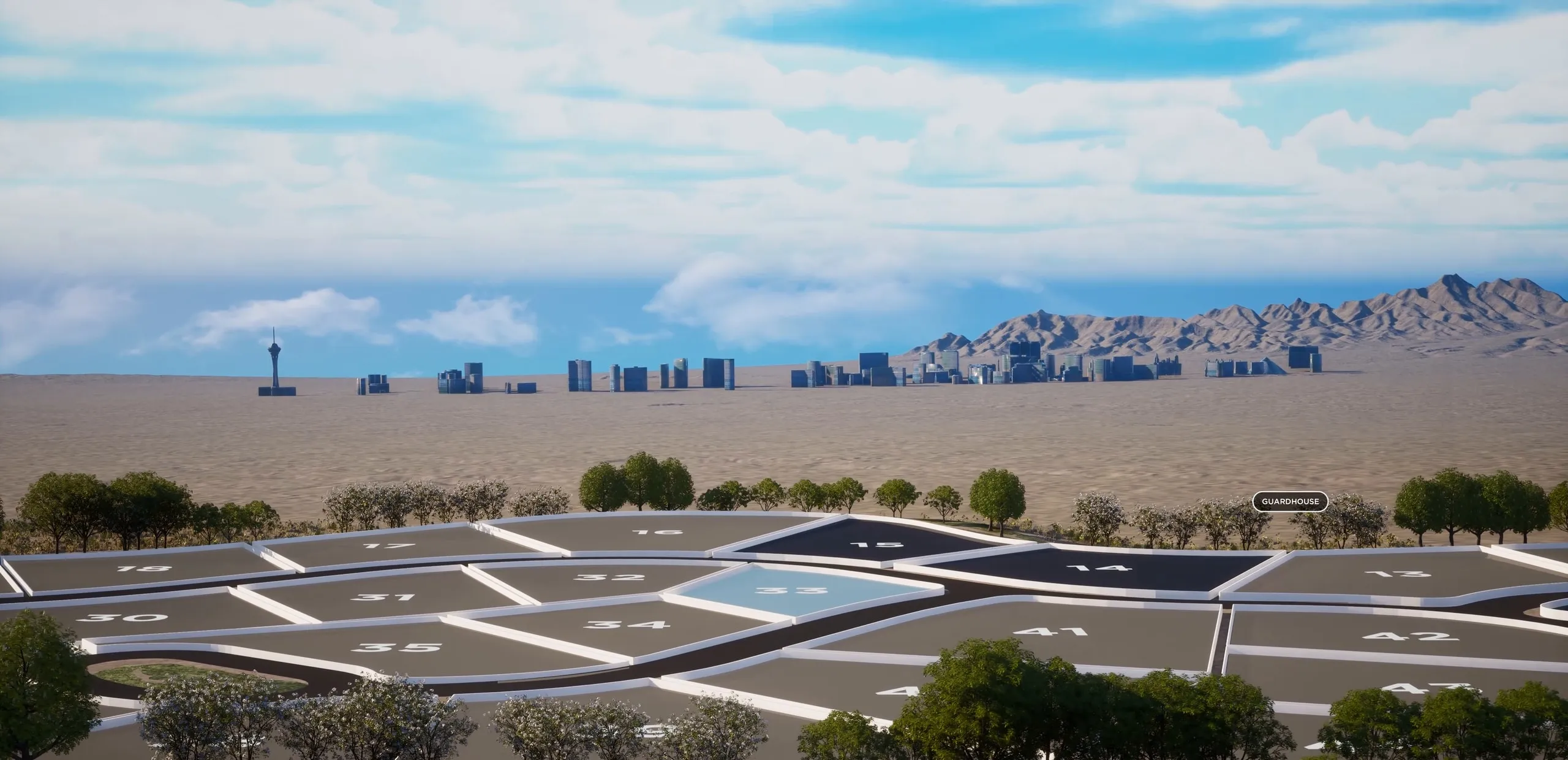 The lots with the Las Vegas skyline beyond