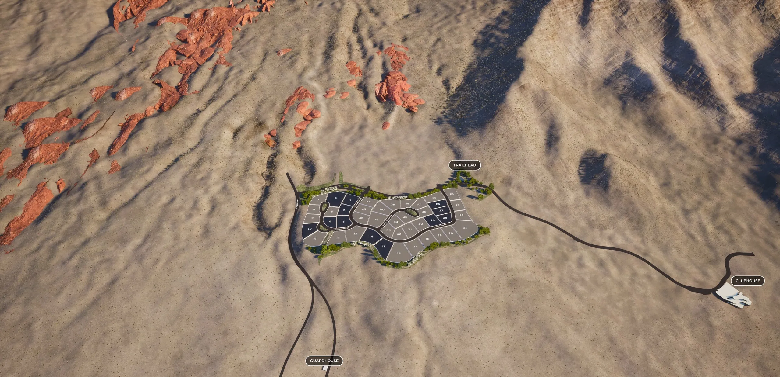 Astra set into its canyon below the red rock