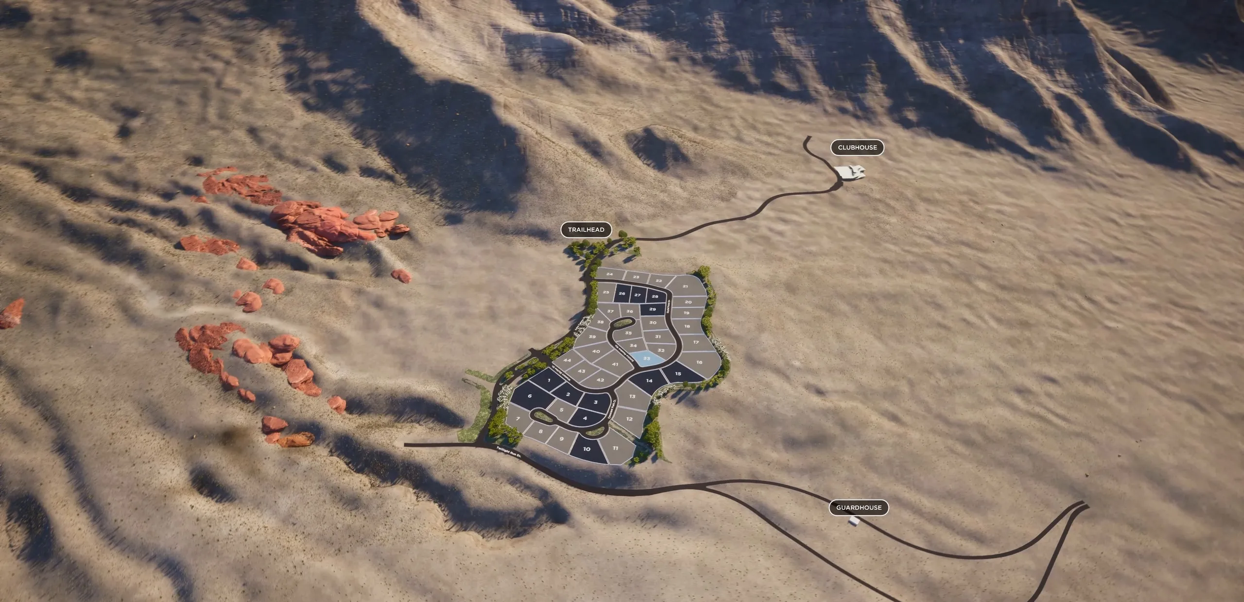 Astra between the ridges, with the clubhouse and guardhouse marked